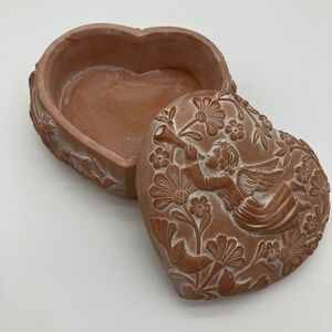 Cherub Angel Trinket Box Heart Shaped Terracotta Orange Embossed Floral Vintage